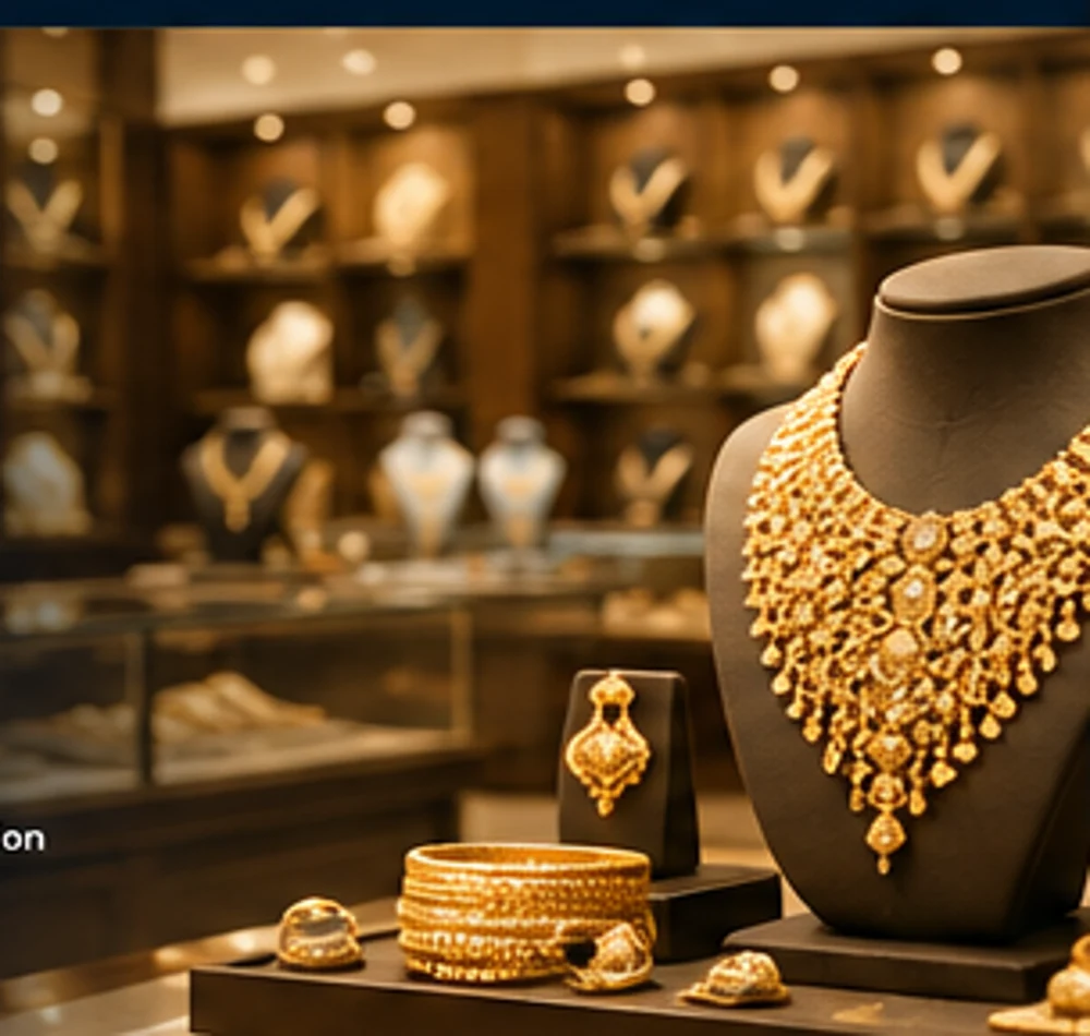 Gold jewellery displayed in an elegant showroom